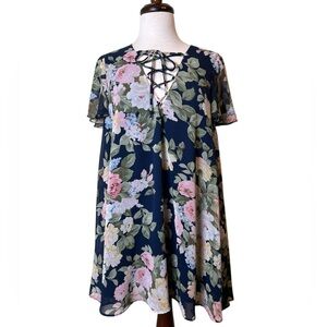 Show Me Your Mumu Floral Lace-Up Dress Size S Navy Floral Pastel Romantic